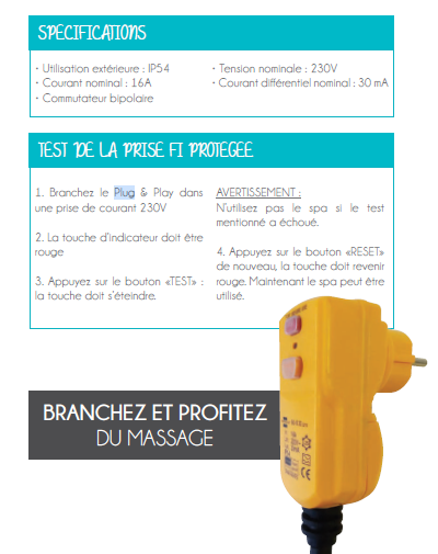 Instructions d'utilisation d'une prise FI protégée, avec les spécifications techniques telles que l'indice de protection IP54, courant nominal 16A et tension nominale de 230V. Le test de la prise FI inclut l'insertion dans une prise, la vérification de l'indicateur rouge et le test du bouton 'TEST'. L'image inclut également un avertissement concernant l'utilisation sécurisée et une photo de la prise jaune.