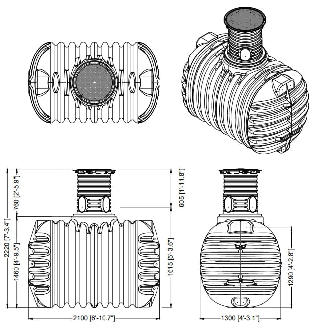 schéma des dimensions de la cuve entérée