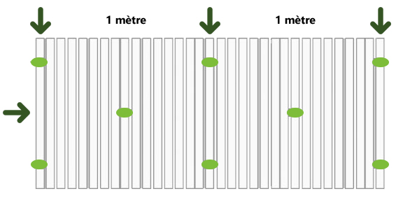 Schéma montrant des lignes verticales espacées de 1 mètre avec des flèches indiquant la direction horizontale et verticale. Des ellipses vertes sont placées à intervalles réguliers le long des lignes.