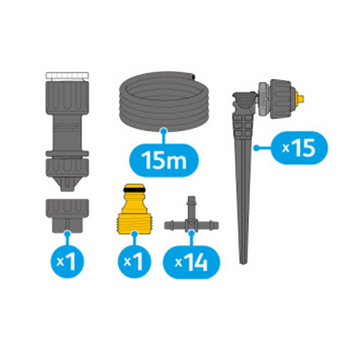 Kit d'irrigation comprenant 15 mètres de tuyau, 15 goutteurs, un raccord pour robinet, et divers accessoires de connexion.